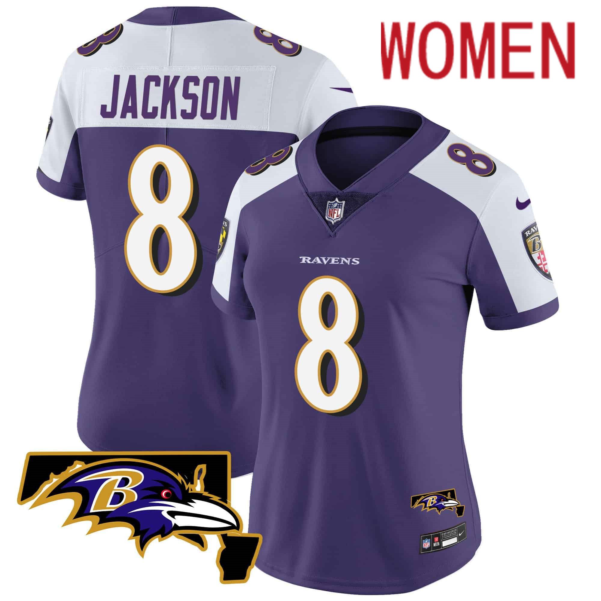Women Baltimore Ravens 8 Jackson Purple 2024 Nike Maryland Patch Vapor Limited NFL Jersey